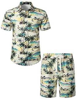 JOGAL Herren Hawaii Hemd Männer Flamingo Kurzarmhemd und Kurze Hose Set Strand Outfit Sommerhemd Für Mann Beige Island 3X-Large von JOGAL