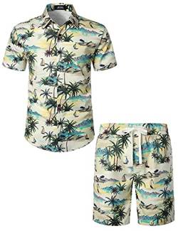 JOGAL Herren Hawaii Hemd Männer Flamingo Kurzarmhemd und Kurze Hose Set Strand Outfit Sommerhemd Für Mann Beige Island XX-Large von JOGAL