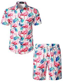 JOGAL Herren Hawaii Hemd Männer Flamingo Kurzarmhemd und Kurze Hose Set Strand Outfit Sommerhemd Für Mann Blau Blatt Flamingo 3X-Large von JOGAL