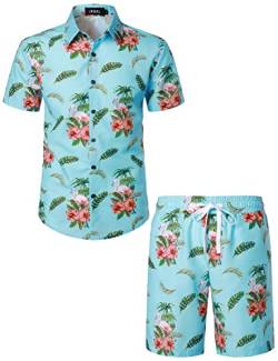 JOGAL Herren Hawaii Hemd Männer Flamingo Kurzarmhemd und Kurze Hose Set Strand Outfit Sommerhemd Für Mann Blau Groß von JOGAL