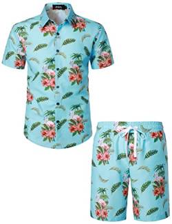 JOGAL Herren Hawaii Hemd Männer Flamingo Kurzarmhemd und Kurze Hose Set Strand Outfit Sommerhemd Für Mann Blau XX-Large von JOGAL