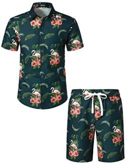 JOGAL Herren Hawaii Hemd Männer Flamingo Kurzarmhemd und Kurze Hose Set Strand Outfit Sommerhemd Für Mann Dunkelgrün Klein von JOGAL