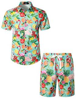 JOGAL Herren Hawaii Hemd Männer Flamingo Kurzarmhemd und Kurze Hose Set Strand Outfit Sommerhemd Für Mann Grün Frucht Flamingo 3X-Large von JOGAL