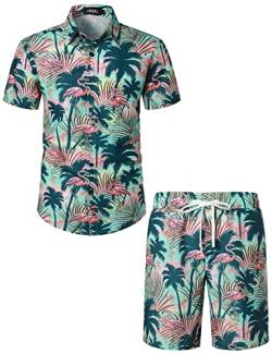 JOGAL Herren Hawaii Hemd Männer Flamingo Kurzarmhemd und Kurze Hose Set Strand Outfit Sommerhemd Für Mann Grün Rosa 3X-Large von JOGAL