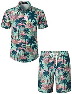 JOGAL Herren Hawaii Hemd Männer Flamingo Kurzarmhemd und Kurze Hose Set Strand Outfit Sommerhemd Für Mann Grün Rosa Groß von JOGAL