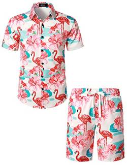 JOGAL Herren Hawaii Hemd Männer Flamingo Kurzarmhemd und Kurze Hose Set Strand Outfit Sommerhemd Für Mann Hibiskus Flamingo 3X-Large von JOGAL