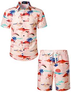 JOGAL Herren Hawaii Hemd Männer Flamingo Kurzarmhemd und Kurze Hose Set Strand Outfit Sommerhemd Für Mann Rosa 3X-Large von JOGAL