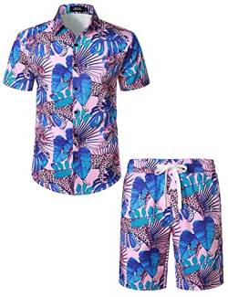JOGAL Herren Hawaii Hemd Männer Flamingo Kurzarmhemd und Kurze Hose Set Strand Outfit Sommerhemd Für Mann Rosa Leopard 3X-Large von JOGAL