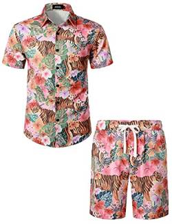 JOGAL Herren Hawaii Hemd Männer Flamingo Kurzarmhemd und Kurze Hose Set Strand Outfit Sommerhemd Für Mann Rosa Tiger 3X-Large von JOGAL