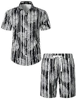 JOGAL Herren Hawaii Hemd Männer Flamingo Kurzarmhemd und Kurze Hose Set Strand Outfit Sommerhemd Für Mann Schwarz Blatt 3X-Large von JOGAL