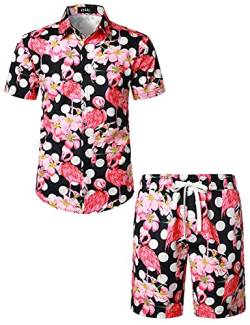 JOGAL Herren Hawaii Hemd Männer Flamingo Kurzarmhemd und Kurze Hose Set Strand Outfit Sommerhemd Für Mann Schwarz Polka Flamingo Mittel von JOGAL