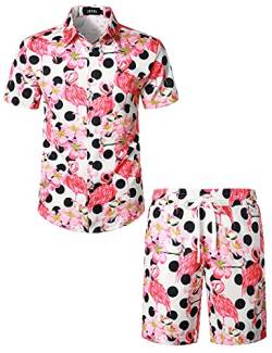 JOGAL Herren Hawaii Hemd Männer Flamingo Kurzarmhemd und Kurze Hose Set Strand Outfit Sommerhemd Für Mann Weiße Polka Flamingo 3X-Large von JOGAL
