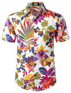 JOGAL Herren Hawaii Hemd Männer Kurzarm Regular Fit Sommer Freizeithemd Mehrfarbig Weiß Mittel von JOGAL