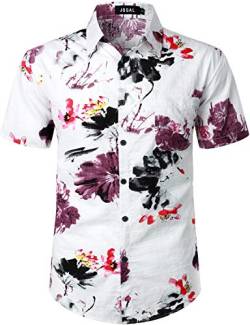 JOGAL Herren Hawaii Hemd Männer Kurzarm Regular Fit Sommer Freizeithemd X-Large Weiß Rot von JOGAL