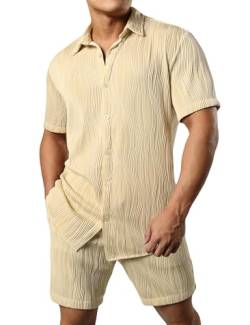 JOGAL Herren Hawaii Hemd Outfit Kurzarm Sommer Freizeithemd und Shorts Set Badeshorts Strandhemd für Männer Khaki Groß von JOGAL