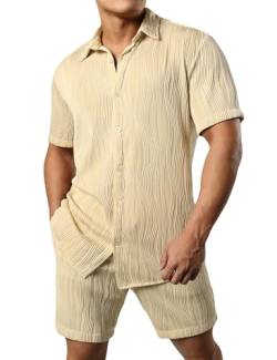 JOGAL Herren Hawaii Hemd Outfit Kurzarm Sommer Freizeithemd und Shorts Set Badeshorts Strandhemd für Männer Khaki X-Large von JOGAL