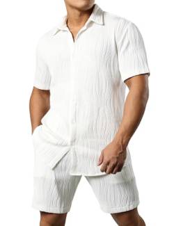 JOGAL Herren Hawaii Hemd Outfit Kurzarm Sommer Freizeithemd und Shorts Set Badeshorts Strandhemd für Männer Weiß Groß von JOGAL