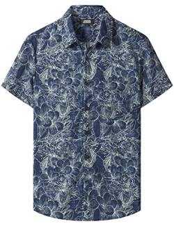 JOGAL Herren Hawaii Hemd mit Tasche Männer Kurzarm Freizeithemd Sommer Lässig Strand Outfit Marine Blau L von JOGAL