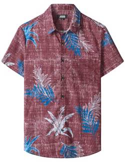 JOGAL Herren Hawaii Hemd mit Tasche Männer Kurzarm Freizeithemd Sommer Lässig Strand Outfit Weinrot L von JOGAL