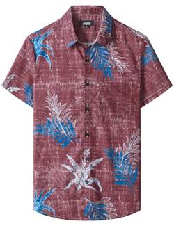 JOGAL Herren Hawaii Hemd mit Tasche Männer Kurzarm Freizeithemd Sommer Lässig Strand Outfit Weinrot XL von JOGAL