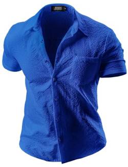 JOGAL Herren Hemd Kurzarm Freizeithemd Slim Fit Businesshemd Sommer Casual Muscle Fit Hemd Königsblau X-Large von JOGAL
