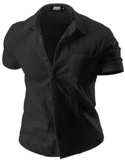 JOGAL Herren Hemd Kurzarm Freizeithemd Slim Fit Businesshemd Sommer Casual Muscle Fit Hemd Schwarz X-Large von JOGAL