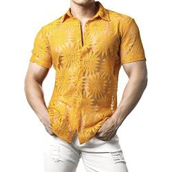 JOGAL Herren Hemd Transparent Kurzarm Freizeithemd Männer Spitzenhemd Sommer Lässig Lace Shirt Outfit Gelb M von JOGAL