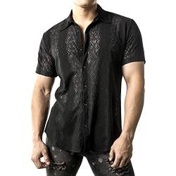 JOGAL Herren Hemd Transparent Kurzarm Freizeithemd Männer Spitzenhemd Sommer Lässig Lace Shirt Outfit Schwarz Blätter L von JOGAL