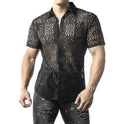 JOGAL Herren Hemd Transparent Kurzarm Freizeithemd Männer Spitzenhemd Sommer Lässig Lace Shirt Outfit Schwarz Block L von JOGAL