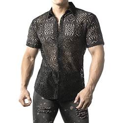 JOGAL Herren Hemd Transparent Kurzarm Freizeithemd Männer Spitzenhemd Sommer Lässig Lace Shirt Outfit Schwarz Block XL von JOGAL