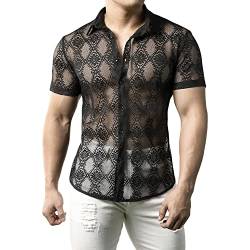 JOGAL Herren Hemd Transparent Kurzarm Freizeithemd Männer Spitzenhemd Sommer Lässig Lace Shirt Outfit Schwarz Blumen XL von JOGAL
