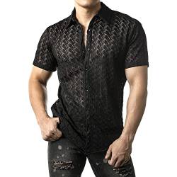 JOGAL Herren Hemd Transparent Kurzarm Freizeithemd Männer Spitzenhemd Sommer Lässig Lace Shirt Outfit Schwarz S von JOGAL