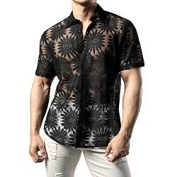 JOGAL Herren Hemd Transparent Kurzarm Freizeithemd Männer Spitzenhemd Sommer Lässig Lace Shirt Outfit Schwarz Sonnenblume XXL von JOGAL