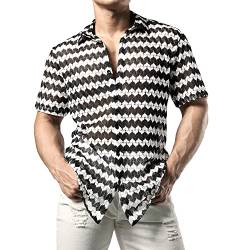 JOGAL Herren Hemd Transparent Kurzarm Freizeithemd Männer Spitzenhemd Sommer Lässig Lace Shirt Outfit Schwarz Weiß M von JOGAL