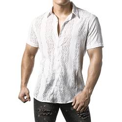 JOGAL Herren Hemd Transparent Kurzarm Freizeithemd Männer Spitzenhemd Sommer Lässig Lace Shirt Outfit Weiß Blätter M von JOGAL