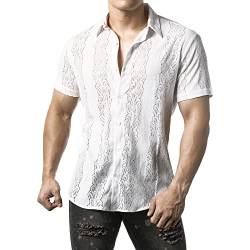 JOGAL Herren Hemd Transparent Kurzarm Freizeithemd Männer Spitzenhemd Sommer Lässig Lace Shirt Outfit Weiß Blätter XL von JOGAL
