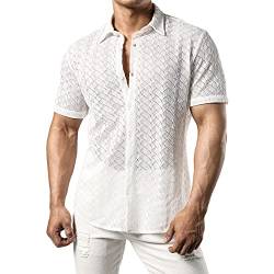 JOGAL Herren Hemd Transparent Kurzarm Freizeithemd Männer Spitzenhemd Sommer Lässig Lace Shirt Outfit Weiß S von JOGAL