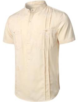 JOGAL Herren Henley Shirt Kurzarm Hemd Sommer Freizeithemd Mit Tasche Männer Regular Fit Stehkragen T-Shirts Beige XL von JOGAL