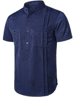 JOGAL Herren Henley Shirt Kurzarm Hemd Sommer Freizeithemd Mit Tasche Männer Regular Fit Stehkragen T-Shirts Marine XXL von JOGAL