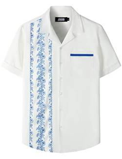 JOGAL Herren Kurzarm Freizeithemd mit Tasche Hawaii Print Hemd Männer Regular Fit Sommerhemd Weiß Blau XL von JOGAL