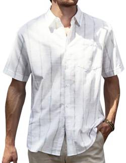 JOGAL Herren Kurzarm Gestreift Leinenhemd Regular Fit Button Down Strand Freizeithemd Weiß 3X-Large von JOGAL