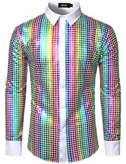 JOGAL Herren Langarm Pailletten Kleid Glitzer Hemd 70er Disco Party Kustüm Weiß Mehrfarbig Mittel von JOGAL