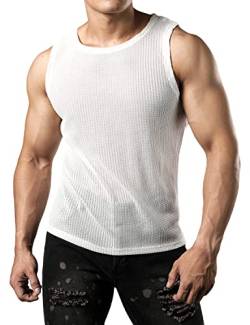 JOGAL Herren Mesh Fitted Sleeveless Muscle Tank Top Weiß Klein von JOGAL