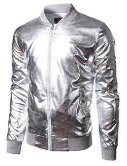 JOGAL Herren Metallic Nachtclub Reißverschluss Baseball Bomber Jacke Small Silber von JOGAL