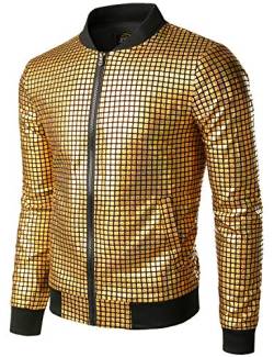 JOGAL Herren Metallic Pailletten Baseball Bomberjacke 70er Disco Party Kostüm Large Gold von JOGAL