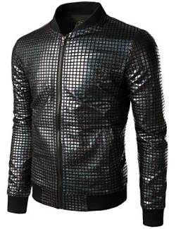 JOGAL Herren Metallic Pailletten Baseball Bomberjacke 70er Disco Party Kostüm Large Schwarz von JOGAL