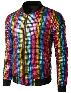 JOGAL Herren Metallic Pailletten Baseball Bomberjacke 70er Disco Party Kostüm Medium Mehrfarbig von JOGAL