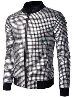 JOGAL Herren Metallic Pailletten Baseball Bomberjacke 70er Disco Party Kostüm Small Silber von JOGAL