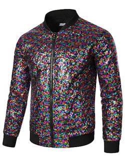 JOGAL Herren Metallic Pailletten Jacke 70er Baseball Bomberjacke Disco Nachtklub Party Kostüm Mehrfarbig XX-Large von JOGAL