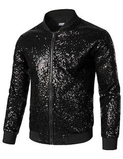 JOGAL Herren Metallic Pailletten Jacke 70er Baseball Bomberjacke Disco Nachtklub Party Kostüm Schwarz Groß von JOGAL